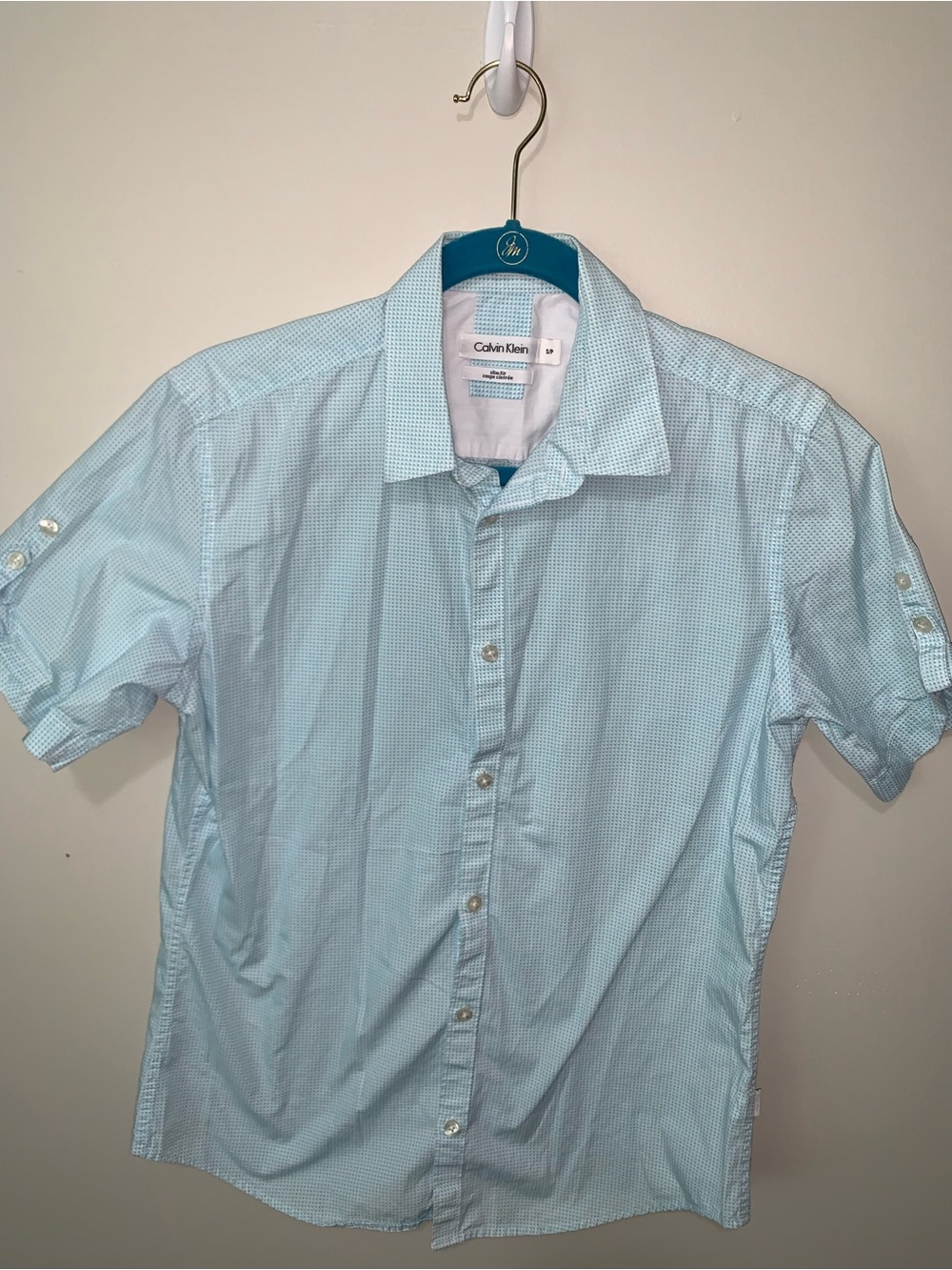 Calvin Klein Pale Blue Short-Sleeve Micro-Check Button-Down Shirt